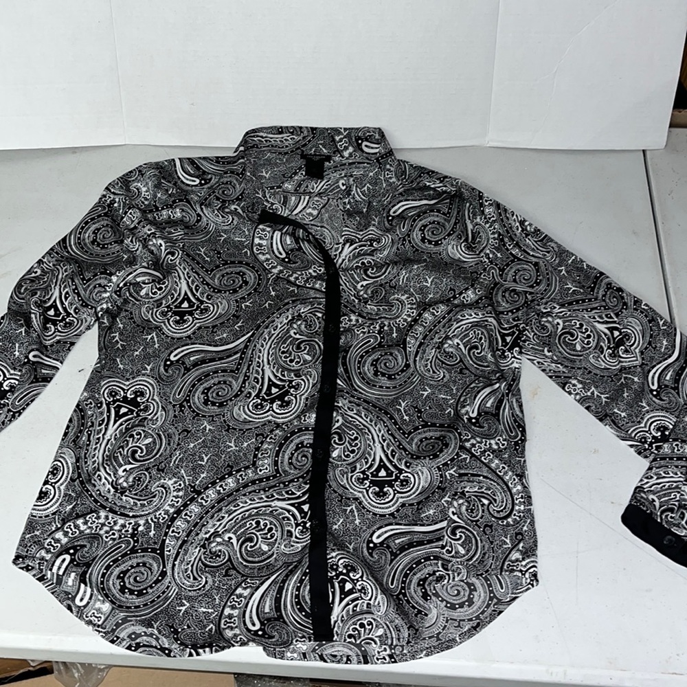 Ann Taylor dress shirt, pretty black and white pattern with black trim